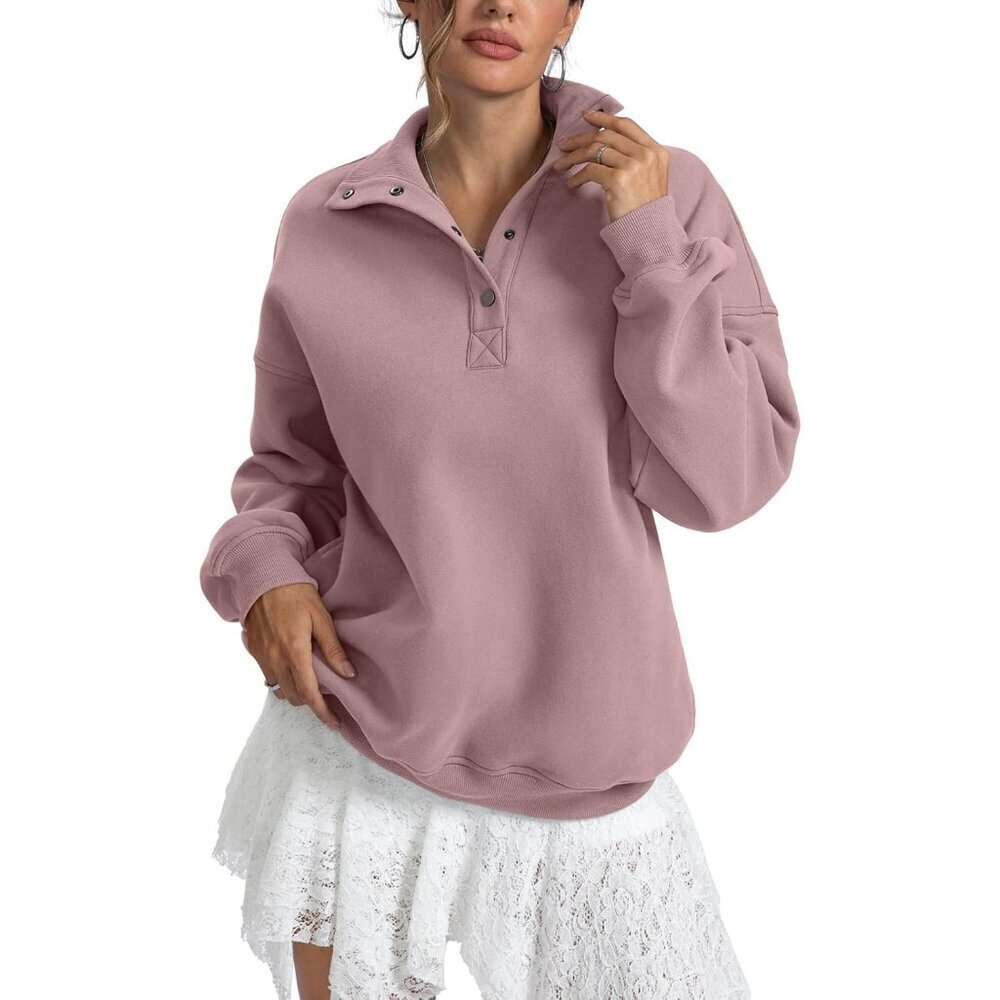 Women's Dark Pink Sweatshirts Trendy Tops Fleece Henley Neck Long Sleeve Button